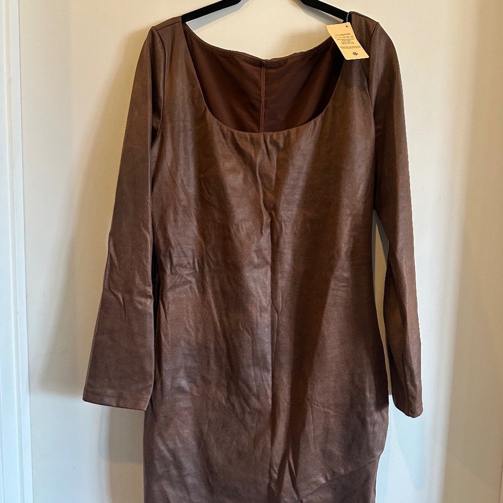 Popilush Built-In Shapewear Faux-Suede Long Sleeve Midi Dress - Brown / XL